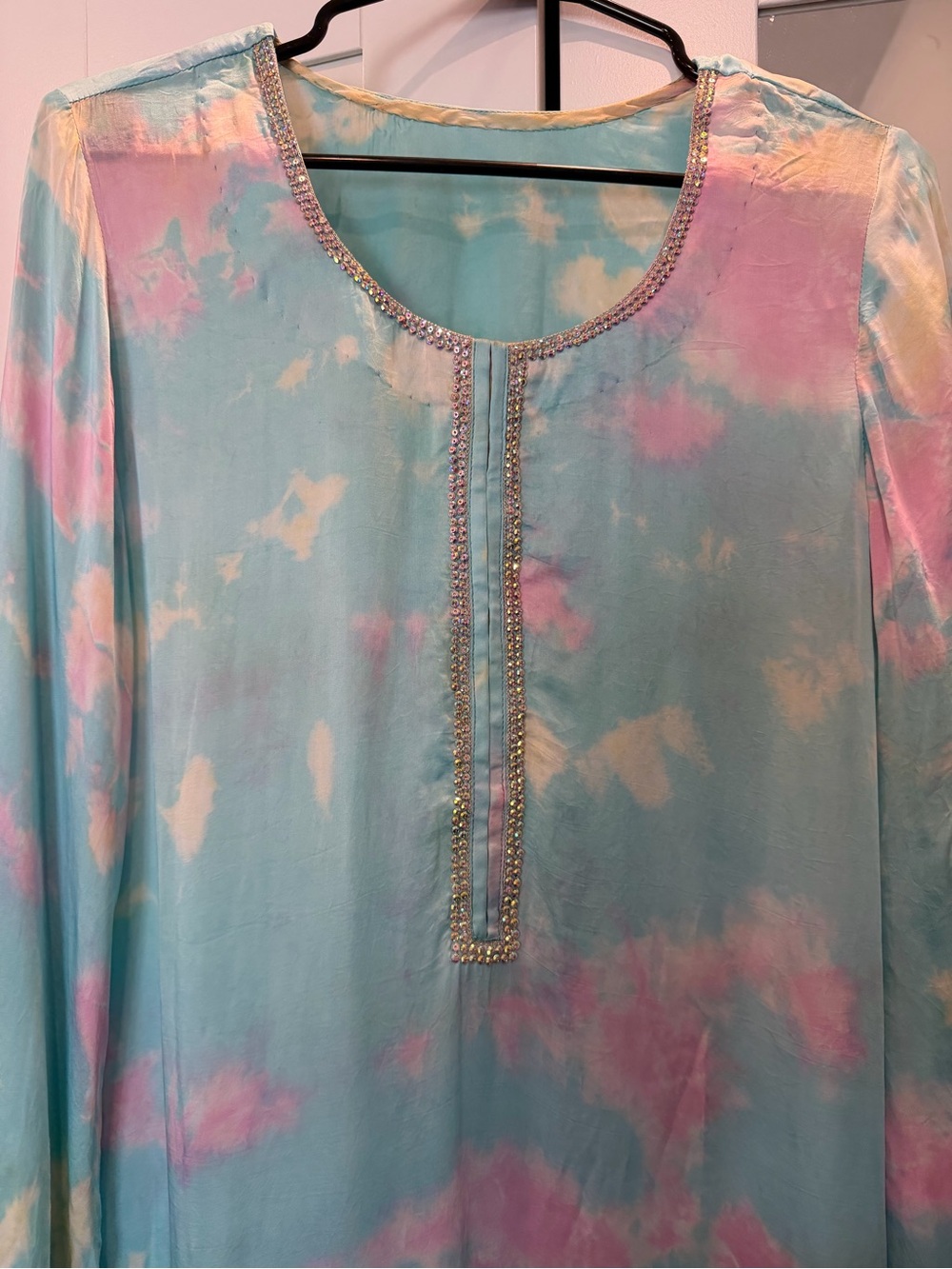 Pastel Tie-Dye Embellished Tunic Top - Blue & Pink with white pants & dupatta